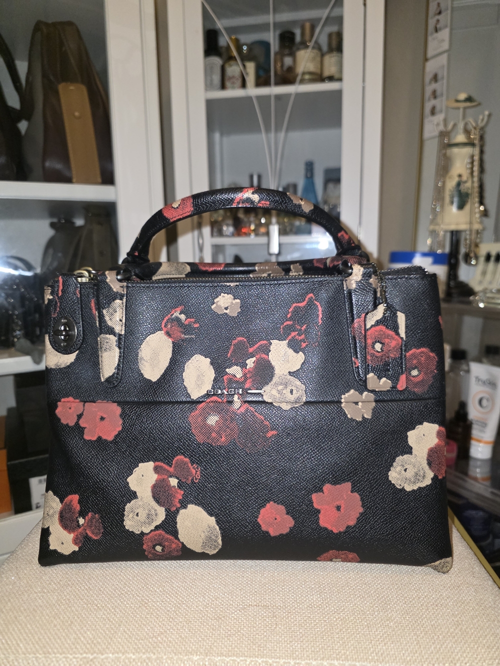 Coach Floral Print Leather Satchel – Black/Red/Cream